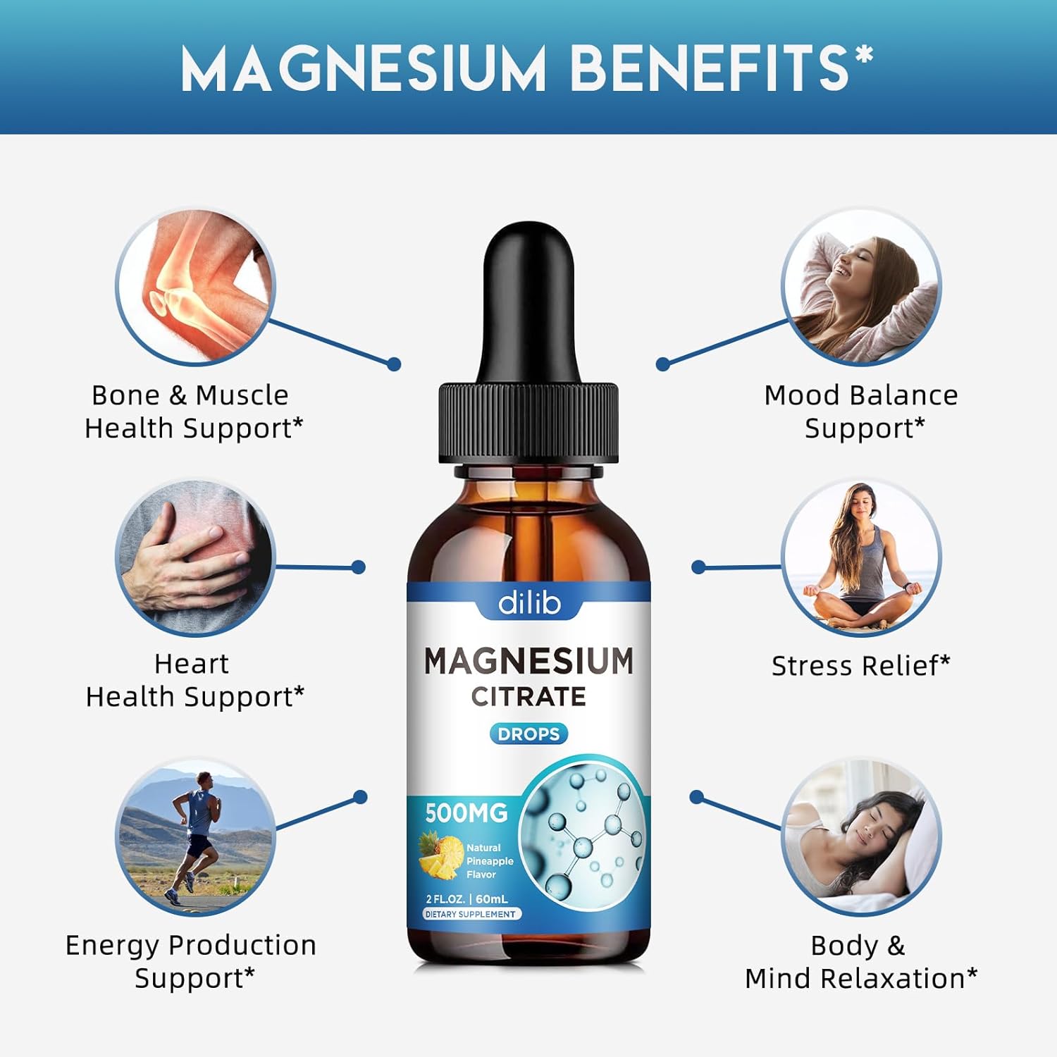 Magnesium Citrate Liquid Drops, Liquid Magnesium Supplement 500mg, Support Stress Relief, Sleep, Mood, Bones, Muscles, Relaxation, Vegan Natural Pineapple Flavor 4 Fl Oz