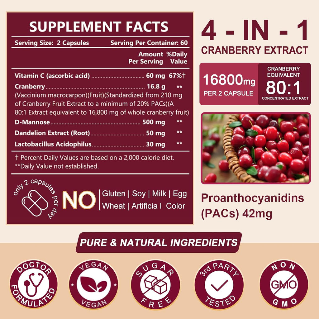NATURE TARGET Cranberry Pills with D-Mannose for Women - Super Strength 80:1 Extract - Cranberry Supplement 16800 mg with Vitamin C, Supports Urinary Tract Health, Bladder Control, 120 Veggie Capsules