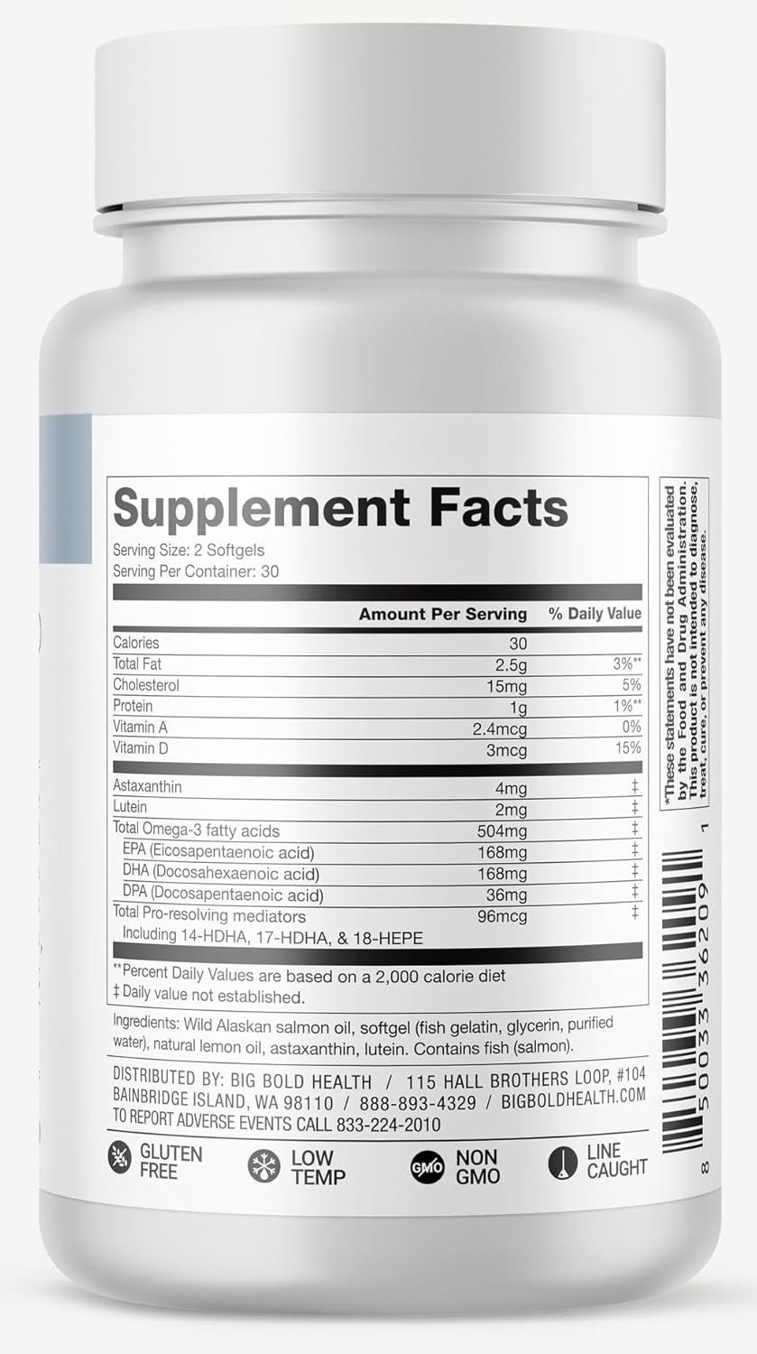 Skin & Eye Health | Wild Alaskan Salmon Oil with Astaxanthin | Lutein | Pro-Resolving Mediators | Vitamins A&D | Gluten-Free | 60 Softgels