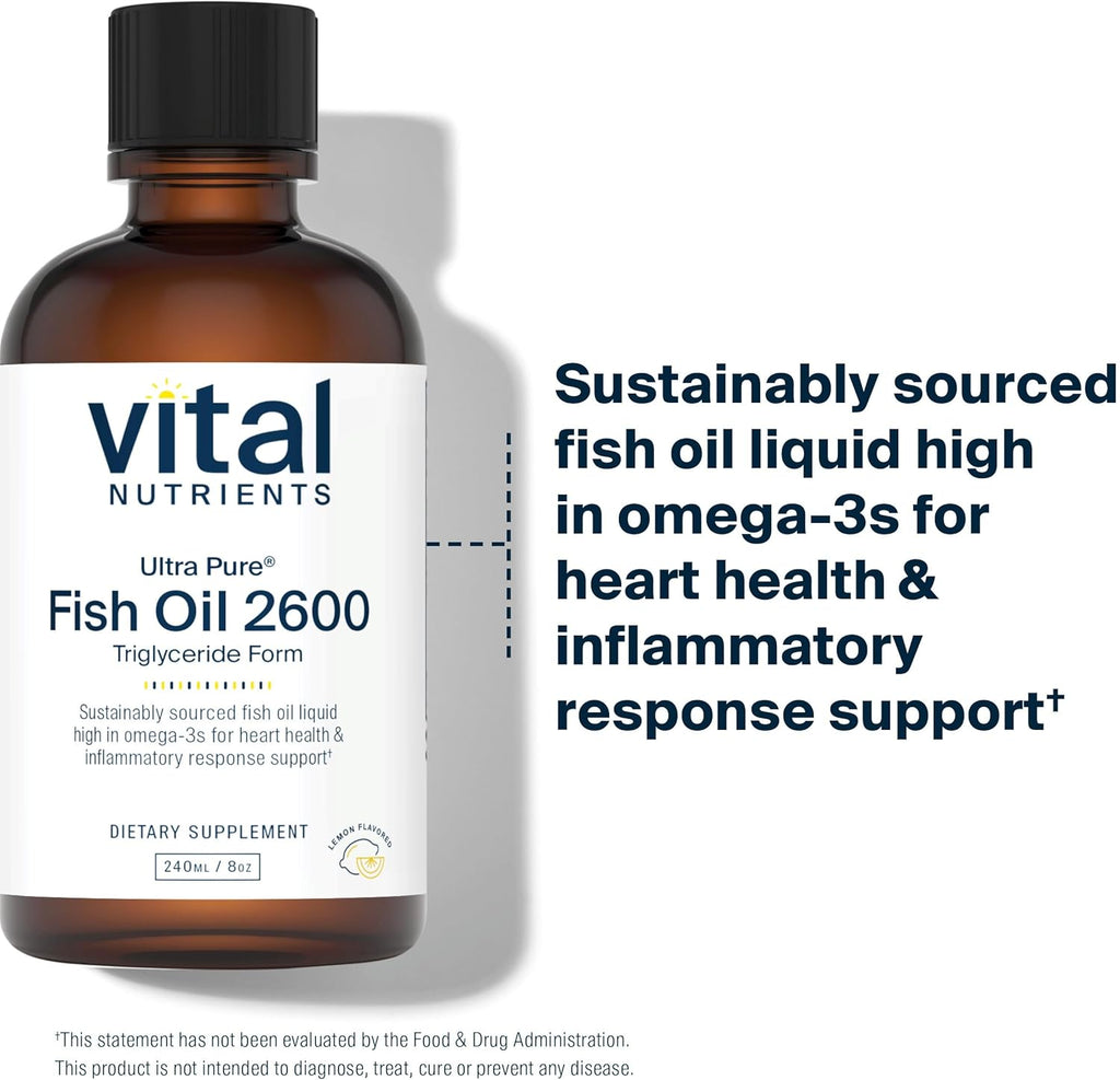 Vital Nutrients - Ultra Pure Fish Oil 2600 (Pharmaceutical Grade) - Hi-Potency Deep Sea Liquid Fish Oil, Cardiovascular Support, Natural Lemon Flavor - 8 Fl Oz per Bottle