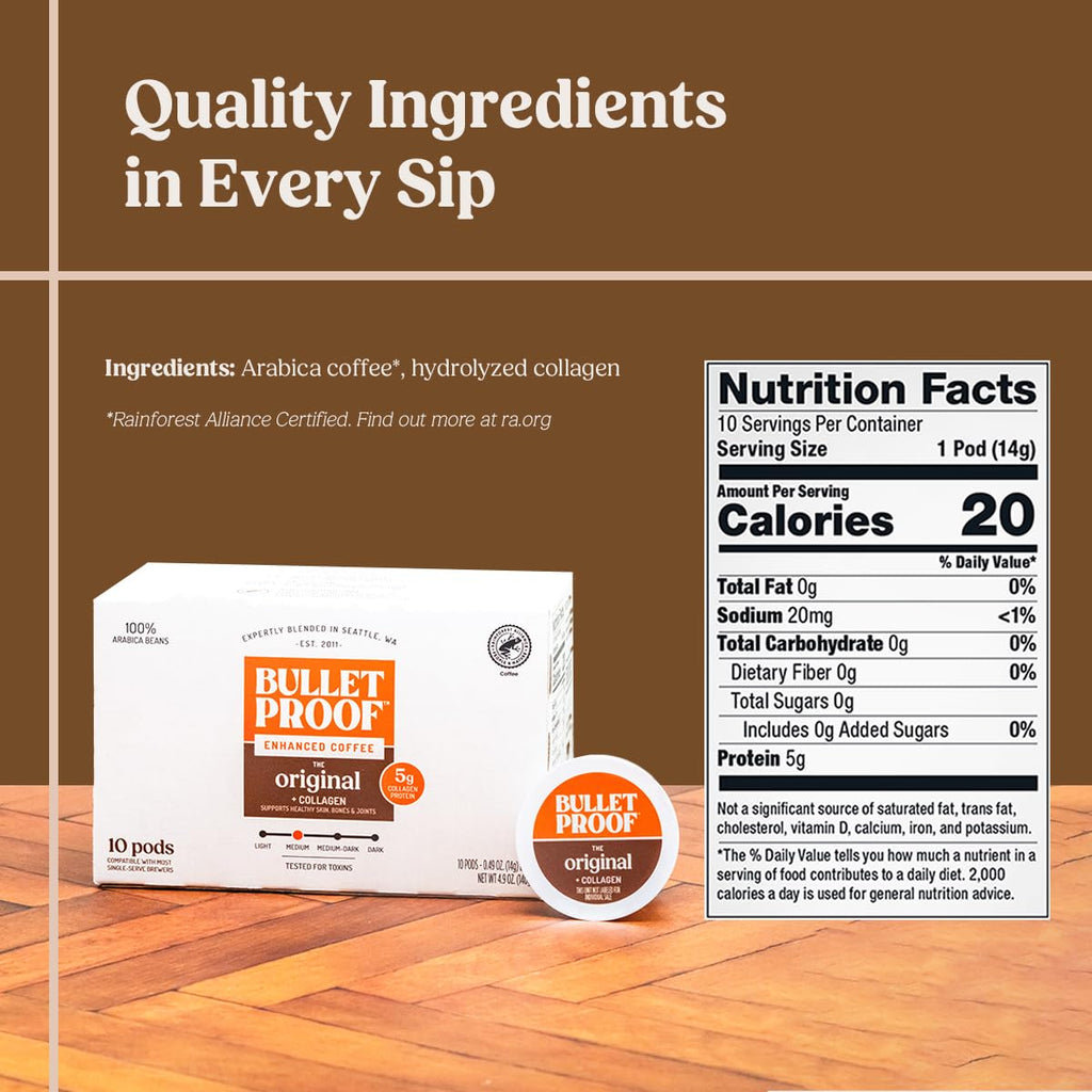 Bulletproof Coffee + Collagen Single-Serve Coffee Pods, 10 Count, 100% Arabica Beans, Clean Coffee Tested for Toxins, Packaging May Vary