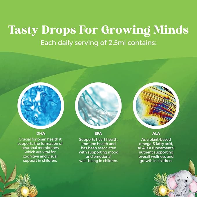 Kids DHA Omega 3 Drops - Fatty Acids Omega 3 6 9 for Brain, Immune Strength & Vision - Nutritional DHA for Kids for Healthy Nervous System & Focus Support - Liquid Supplement with EPA & ALA - 60 mL