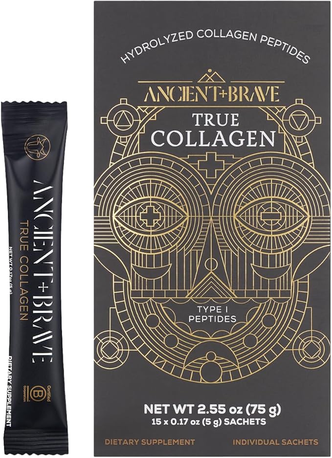 Ancient + Brave True Collagen Powder Packets 15 x 5g, EU Grass Fed Collagen Peptides, Highly Absorbable Protein Powder, Supplements for Women, Keto Friendly, for Hair, Skin and Nails, Travel Ready