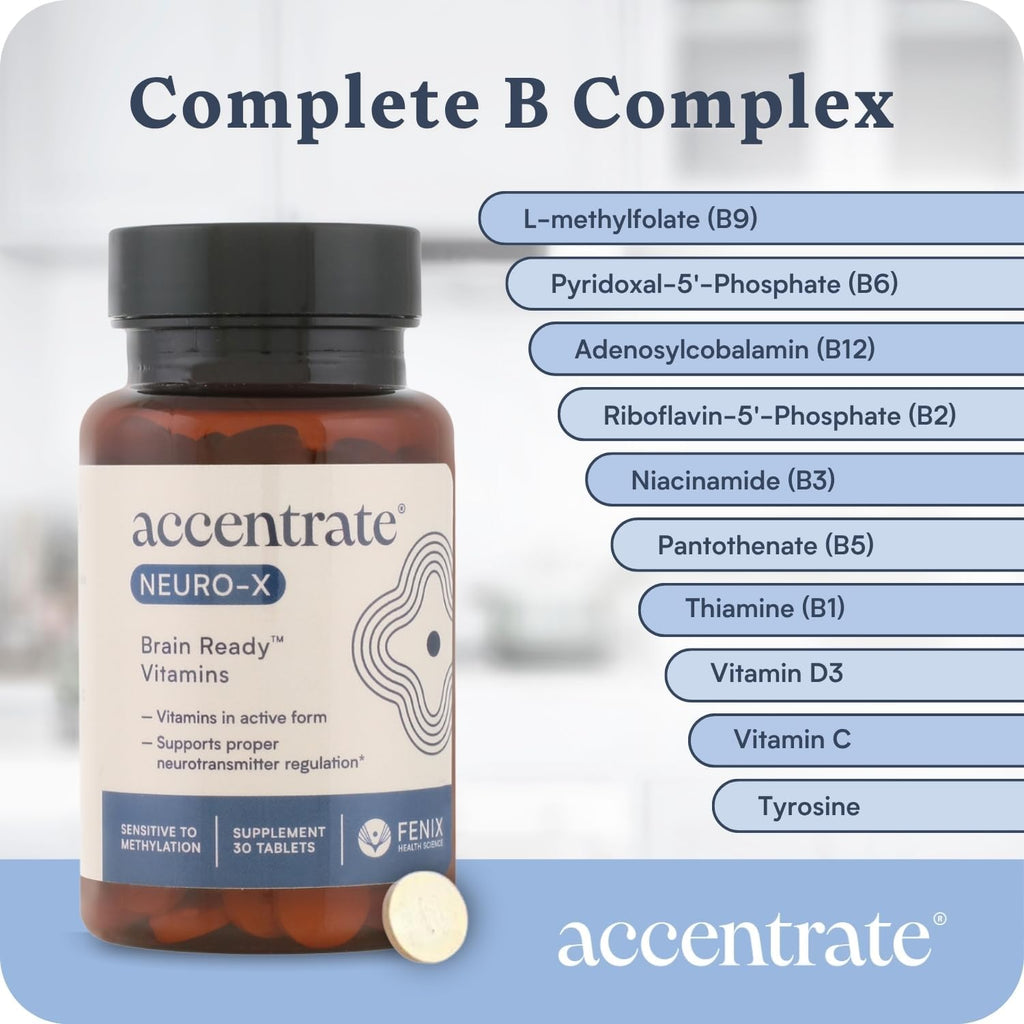 Accentrate Neuro X - Complete Vitamin B Complex | Active Multivitamin w/L-Methylfolate (5-MTHF), Adenosylcobalamin (B12), Pyridoxal-5'-Phosphate (P5P) | Brain Health | MTHFR Supplement | 30 Tablets