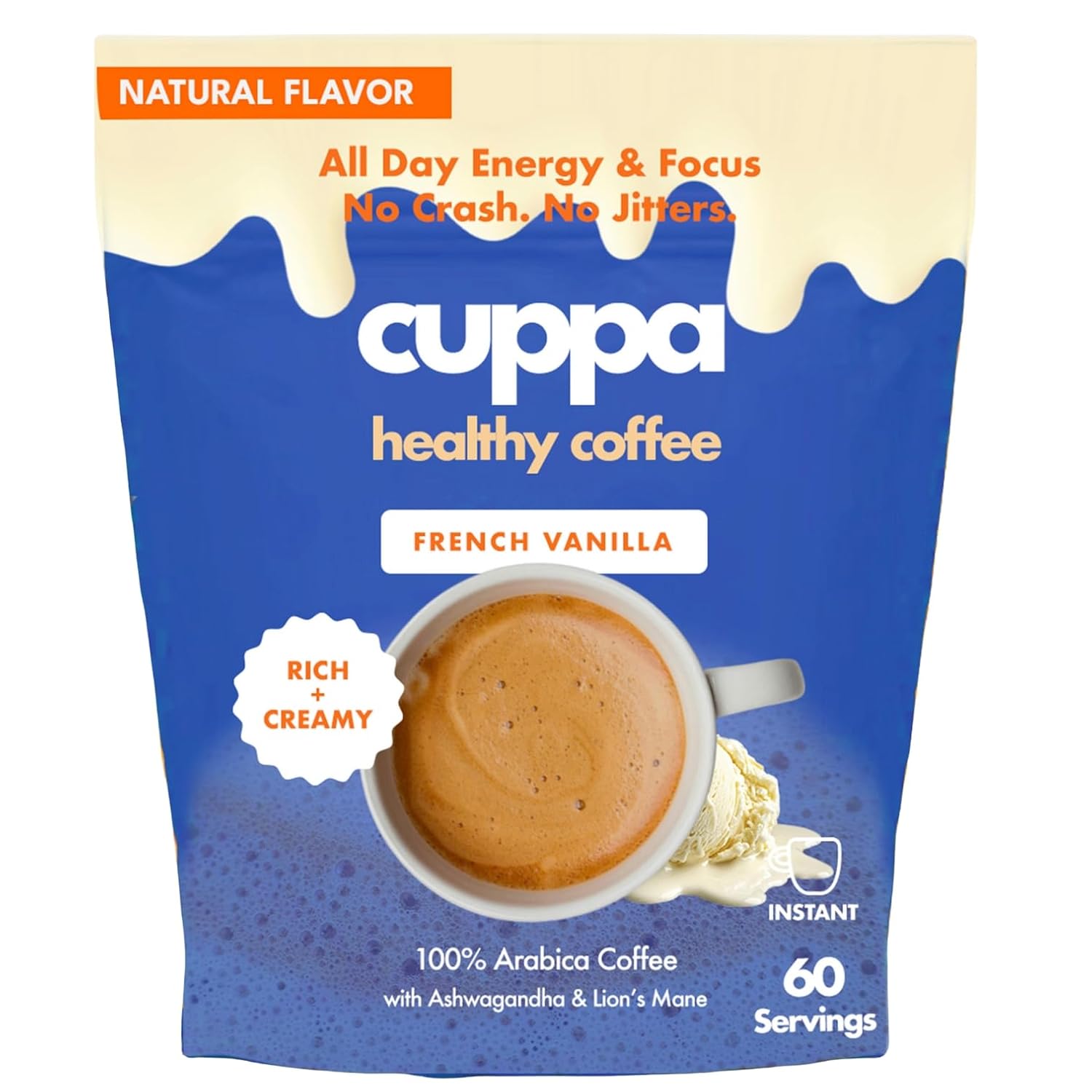 Cuppa French VanillaHealthy Mushroom Instant Coffee with Lion's Mane & Ashwagandha for All Day Energy & Focus - No Crash or Jitters - Nootropics for Brain Health, Gut Health, Immunity, Stress, Memory + Mood - 60 Servings