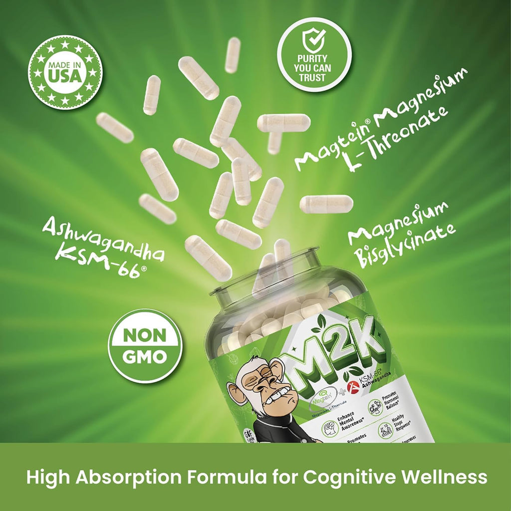 Bored Nutrition M2K: Magtein Magnesium L-threonate & Ashwagandha Supplement - 1500mg Magtein, 300mg KSM-66, Plus 200mg Magnesium