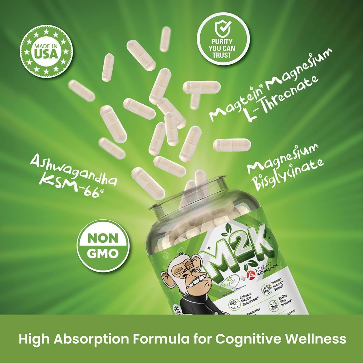 Bored Nutrition M2K: Magtein Magnesium L-threonate & Ashwagandha Supplement - 1500mg Magtein, 300mg KSM-66, Plus 200mg Magnesium