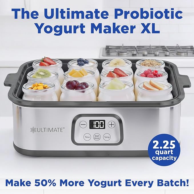 Ultimate Probiotic Yogurt Maker XL - Adjustable Time & Temperature Control - 50% More Capacity with 12 x 6oz Yogurt Jars - Make Trillions of Probiotics for Gut Health - ULTIMATE LIFETIME WARRANTY