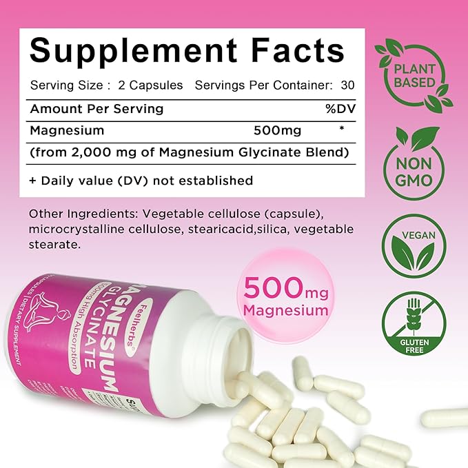 Magnesium Glycinate 500mg for Women Hormone Balance & Sleep, 60 Count High Absorption Magnesium Capsules for Daily Mineral Support & Relaxation, Gluten-Free