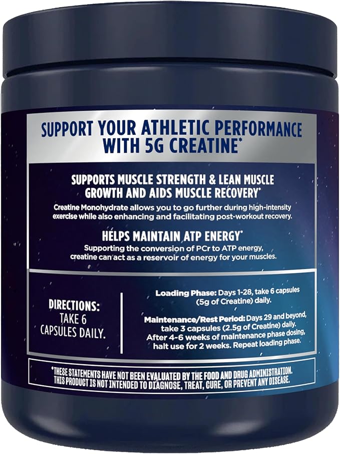 Vega Creatine Monohydrate Capsules, 5g Micronized Creatine Powder per Serving, for Lean Muscle, Support Cognitive Function, Pure, Unflavored, Sugar Free, 180 Pills (30 Servings)