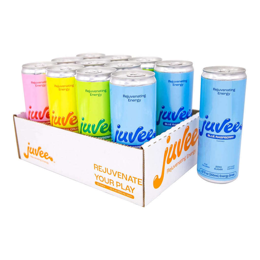 Juvee Rejuvenating Energy Drink. Sugar Free Energy Drinks. Taurine, Vitamin B12, Vitamin B6. 128 Mg Of Caffeine. L-Theanine For Mood Support. Panax Ginseng For Focus. Vitamin C For Immune Support. Gluten Free 12 oz - 12 Pack - Variety Pack