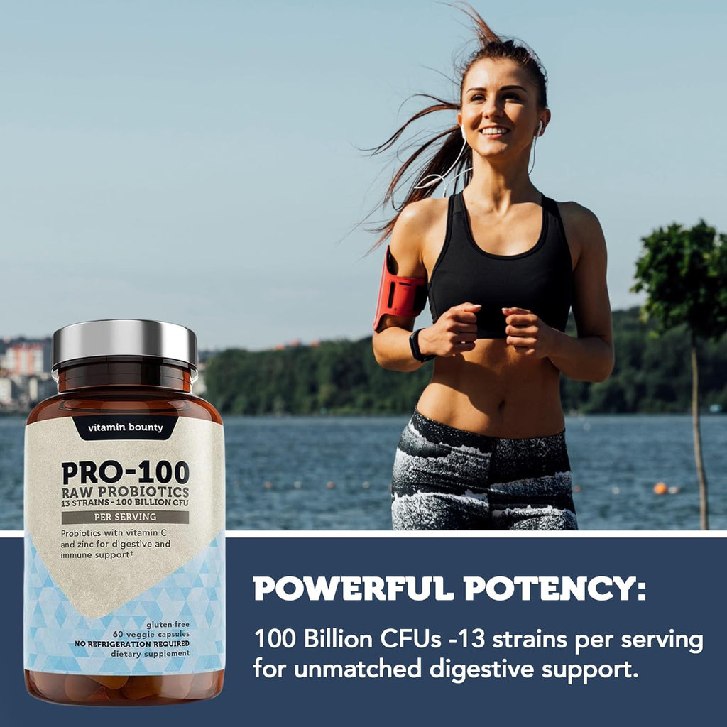 Vitamin Bounty Pro-100 Probiotic 100 Billion CFU - 13 Strains for Digestive Health & Immune Support - High Potency Probiotics for Women & Men - Delayed Release Capsules for Gut Health - 60 Count