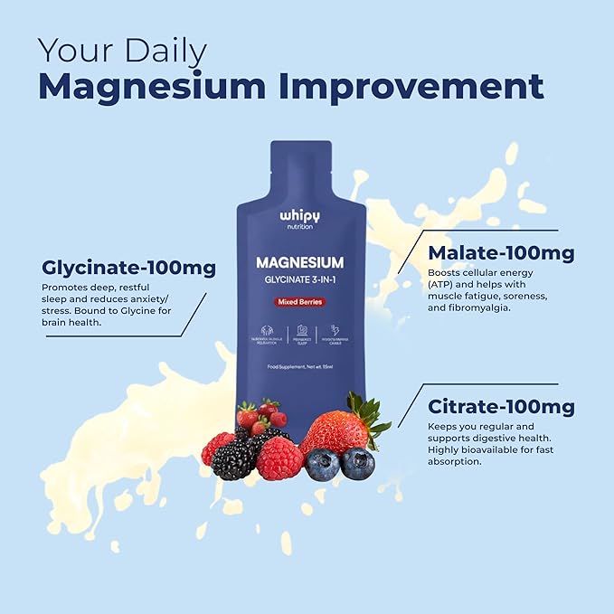 Liquid Magnesium Glycinate On The Go 3 in 1 Magnesium Citrate Liquid, Malate, Liquid Magnesium Supplement to Supports Sleep, Calm, Muscle Recovery, Energy & Fast Absorbing Travel Friendly15 Sachets