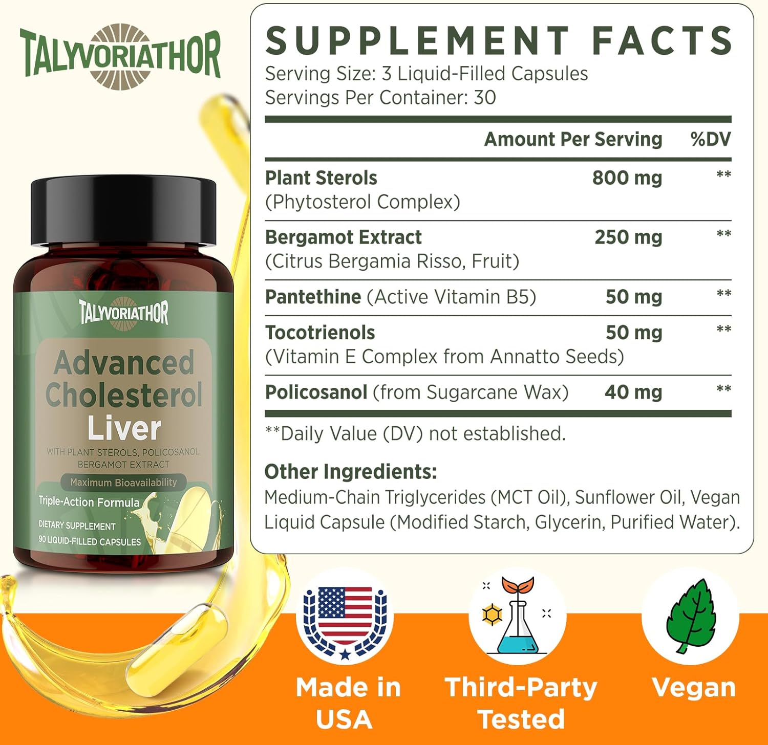 Advanced Cholesterol Supplements | Liquid-Filled Capsules for Better Absorption | Plant Sterols, Policosanol, Bergamot Extract | Triple-Action Formula,90 Capsules