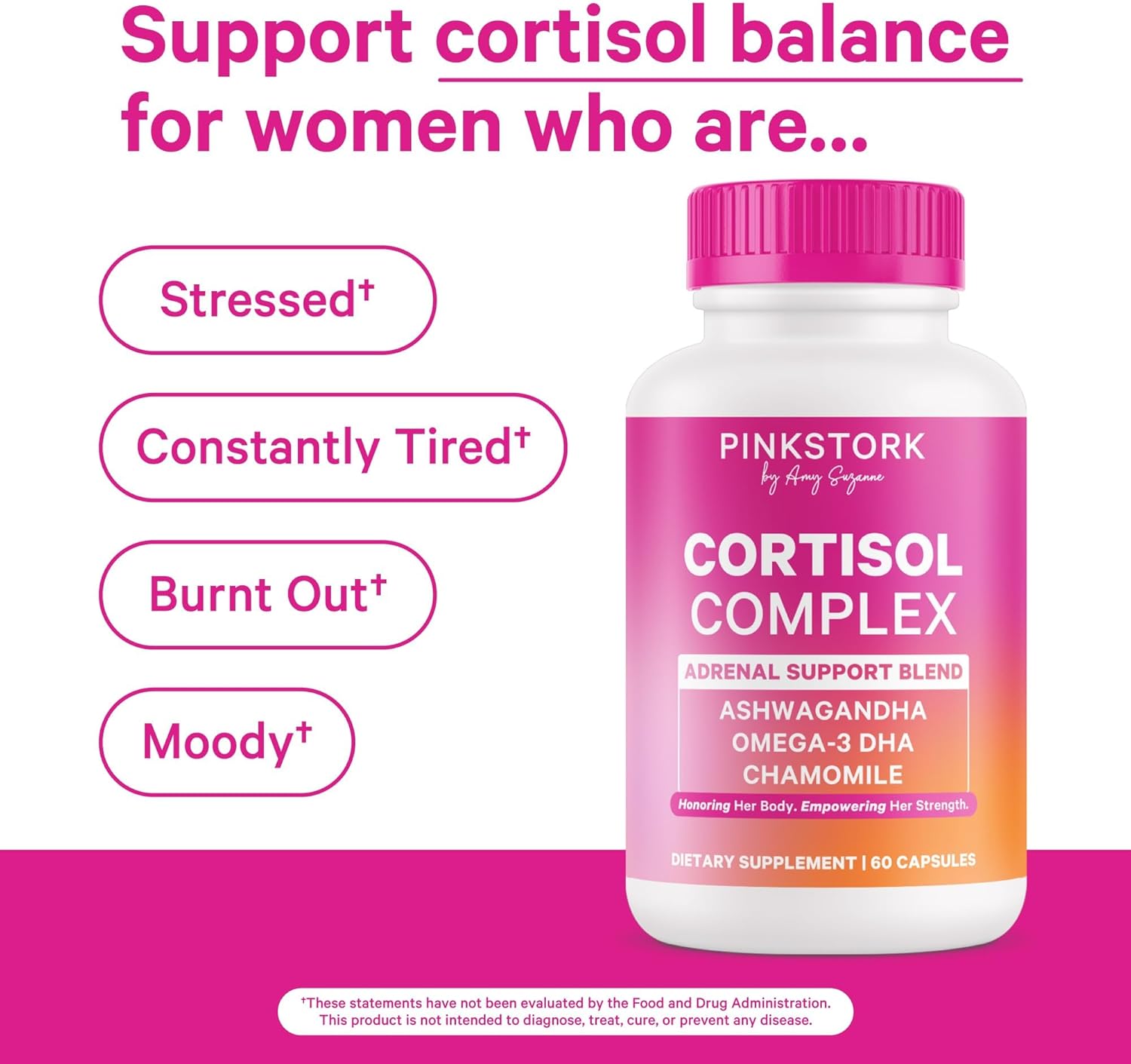 Pink Stork Cortisol Complex - Organic Ashwagandha, Omega 3 DHA, Saffron - Mood Balance, Stress Management, Energy Levels for Women - 60 Count