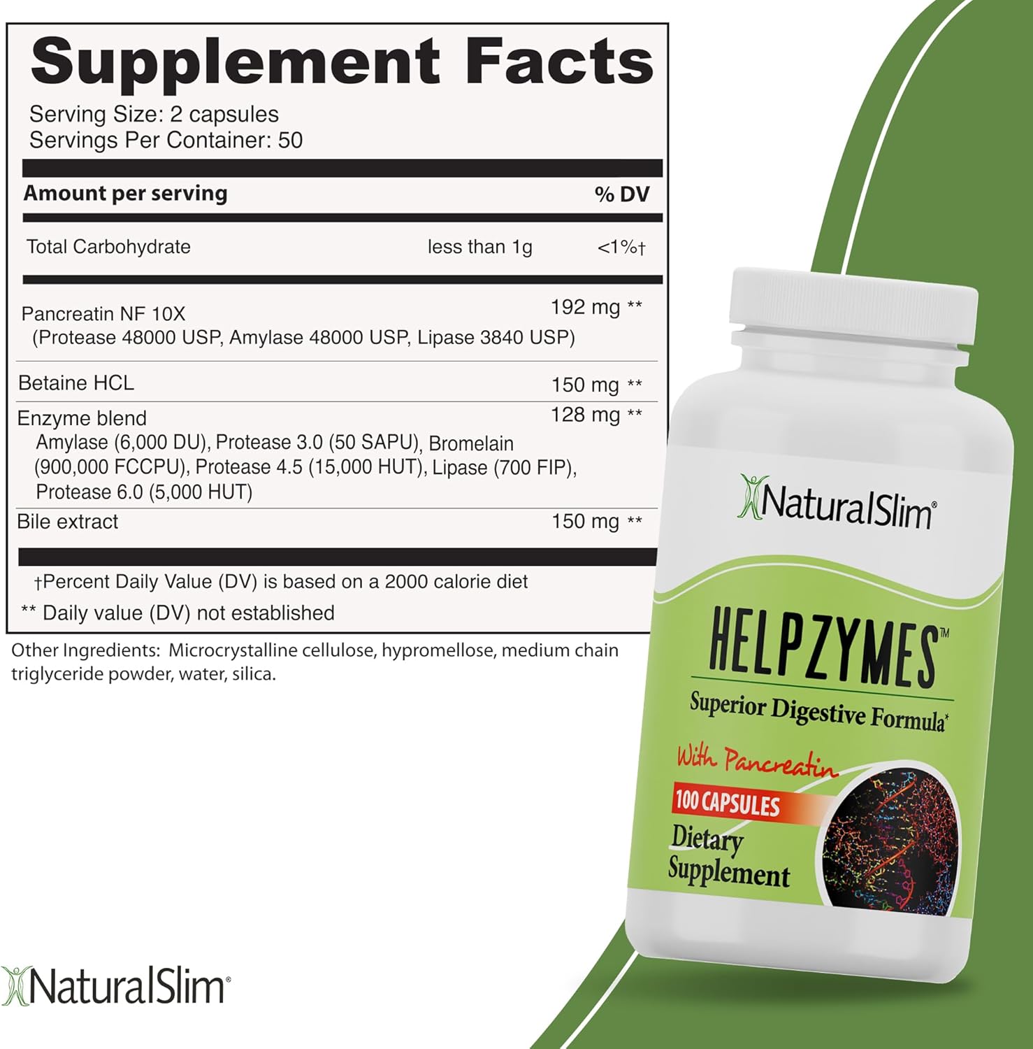 NaturalSlim Digestive Enzymes for Women & Men - Helpzymes Essential Enzymes for Digestion, Gut Health, Gas Bloating Relief with Bromelain, Ox Bile, Pancreatin. & Betaine HCL - 100 Capsules 3 Pack