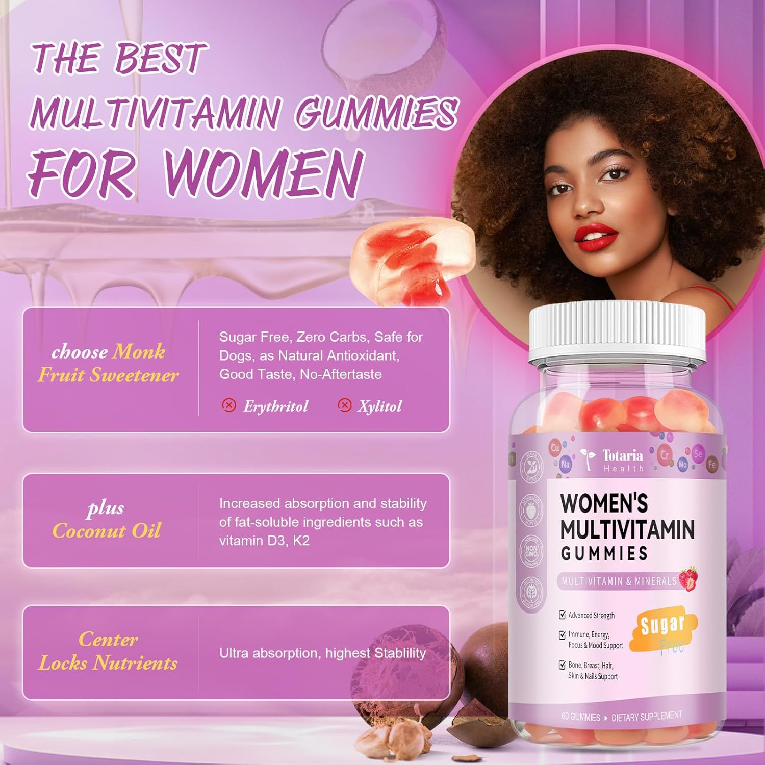 Sugar Free Multivitamin Gummies for Women 14+ w/Iron, Inositol, Folate, Biotin, Womens Daily Multivitamin Gummy w/Vitamin A, C, B, D3, K2, for Hair, Skin, Energy, Immune, Strawberry Flavor