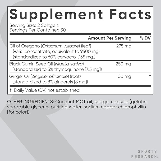 Sports Research® Oil of Oregano 9500mg w/Black Cumin Seed Oil & Ginger Oil - 3-1 Antioxidant Combination Supplement Rich in Thymoquinone & Carvacrol - Gluten Free · Non-GMO - 60 Softgels