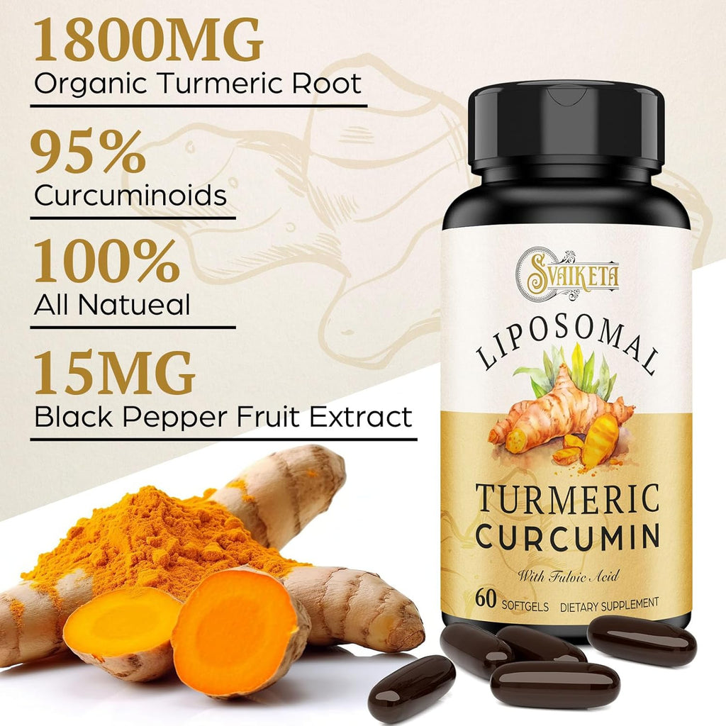 Liposomal Turmeric Curcumin Supplement - 2000mg, 95% Curcuminoid Extract with Piperine - 60 Softgels (2 Bottle)