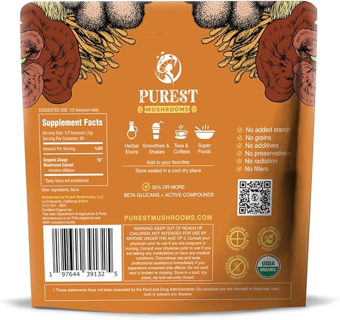 Chaga Mushroom Extract Powder - Organic Chaga Mushroom Extract for Digestion, Natural Energy, and Immune Support - Natural Supplement for Overall Wellness 60g