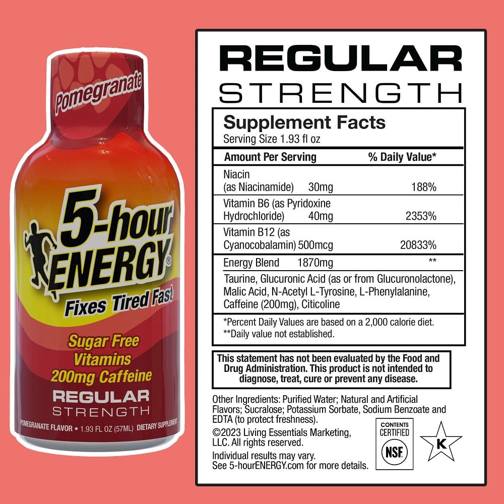 5-hour ENERGY Regular Strength Energy Shot, Pomegranate Flavor, 1.93oz, 20-Pack - Sugar Free