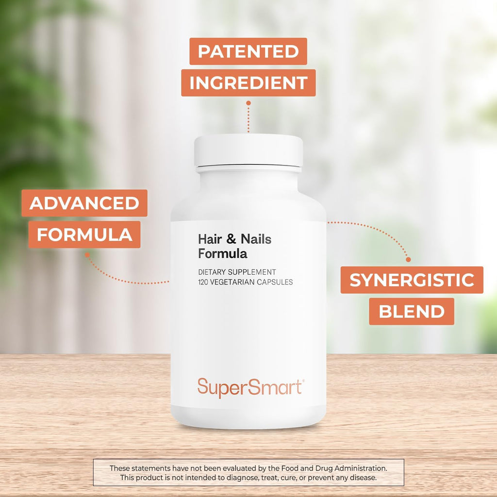 Supersmart - Hair & Nails Formula - Patented Solubilized Keratine Supplement - with Biotin, Bamboo Extract, MSM, Cynatine HNS Keratin | Non-GMO & Gluten Free - 120 Vegetarian Capsules