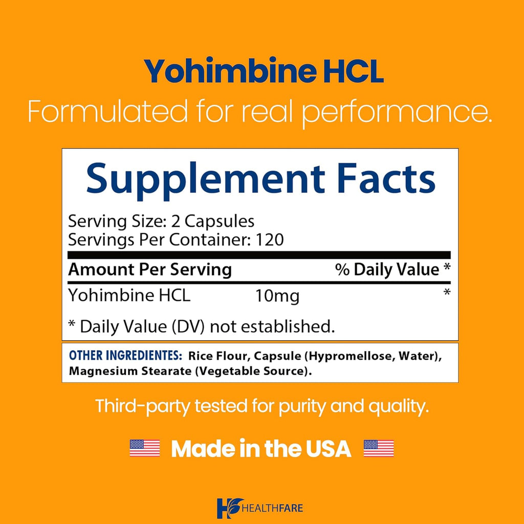Yohimbine HCL 10mg | 240 Vegan Capsules | Maximum Strength Formula | Non-GMO & Gluten-Free | Made in USA