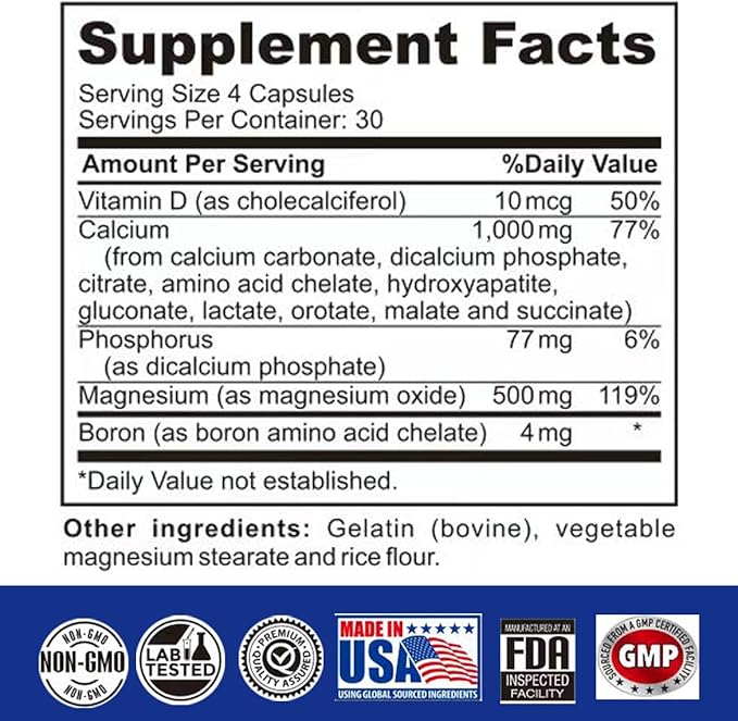 Calcium Magnesium Supplement, Daily Supplement for Bone and Immune Health, with Vitamin D, 1000mg Calcium, 500mg Magnesium, Gluten -Free, 120 Capsules