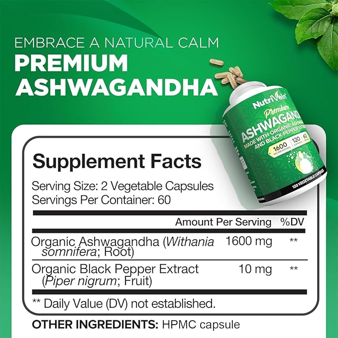 Nutrivein Ashwagandha for Men & Women - 1600mg - Enhanced with Black Pepper - High-Absorption Root Powder Ashwagandha Supplements for Mood Balance, Restful Sleep, & Focus - 120 Vegan Capsules