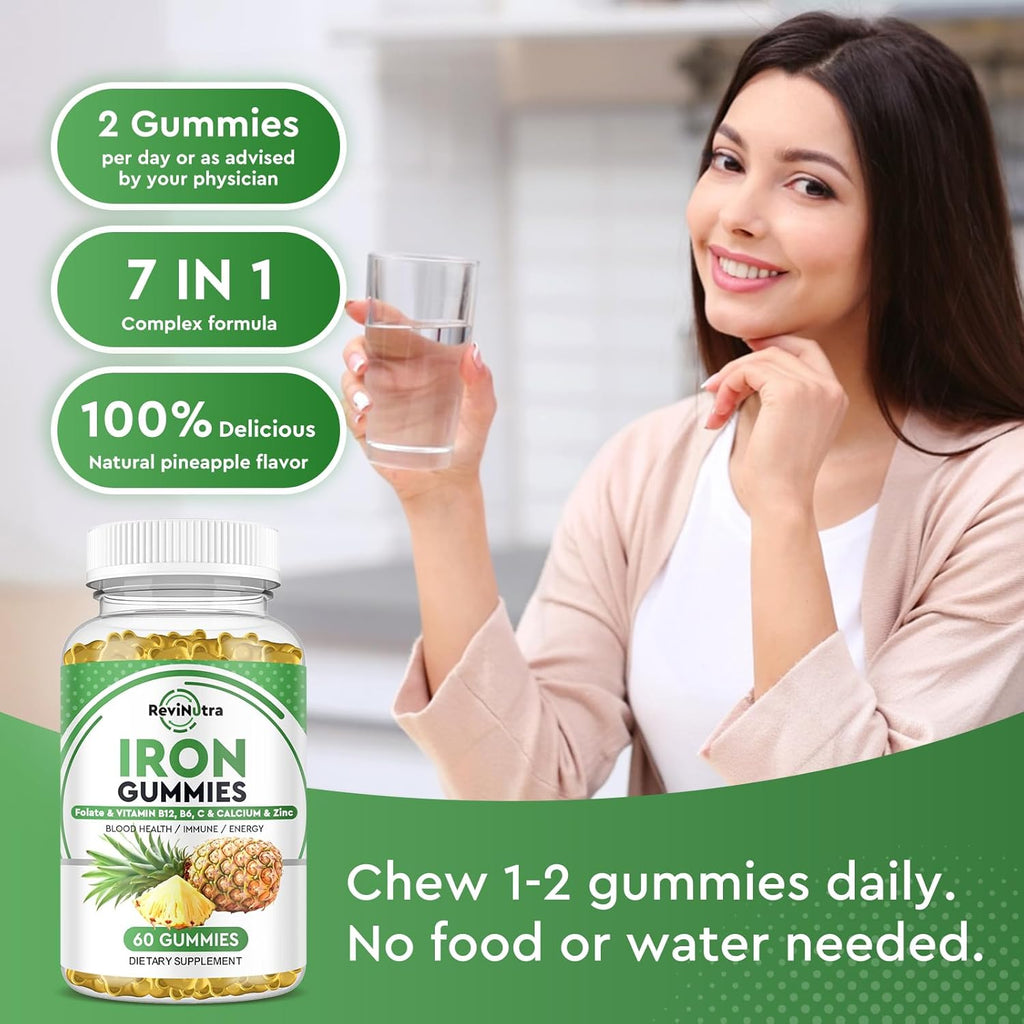 Iron Gummies with Zinc, Calcium, Vitamin C, B6 & B12 | Iron Supplement for Women, Men & Kids | Supports Anemia & Deficiency, Blood Builder & Cell Formation | Chewable Pineapple Flavor | 60 Gummies