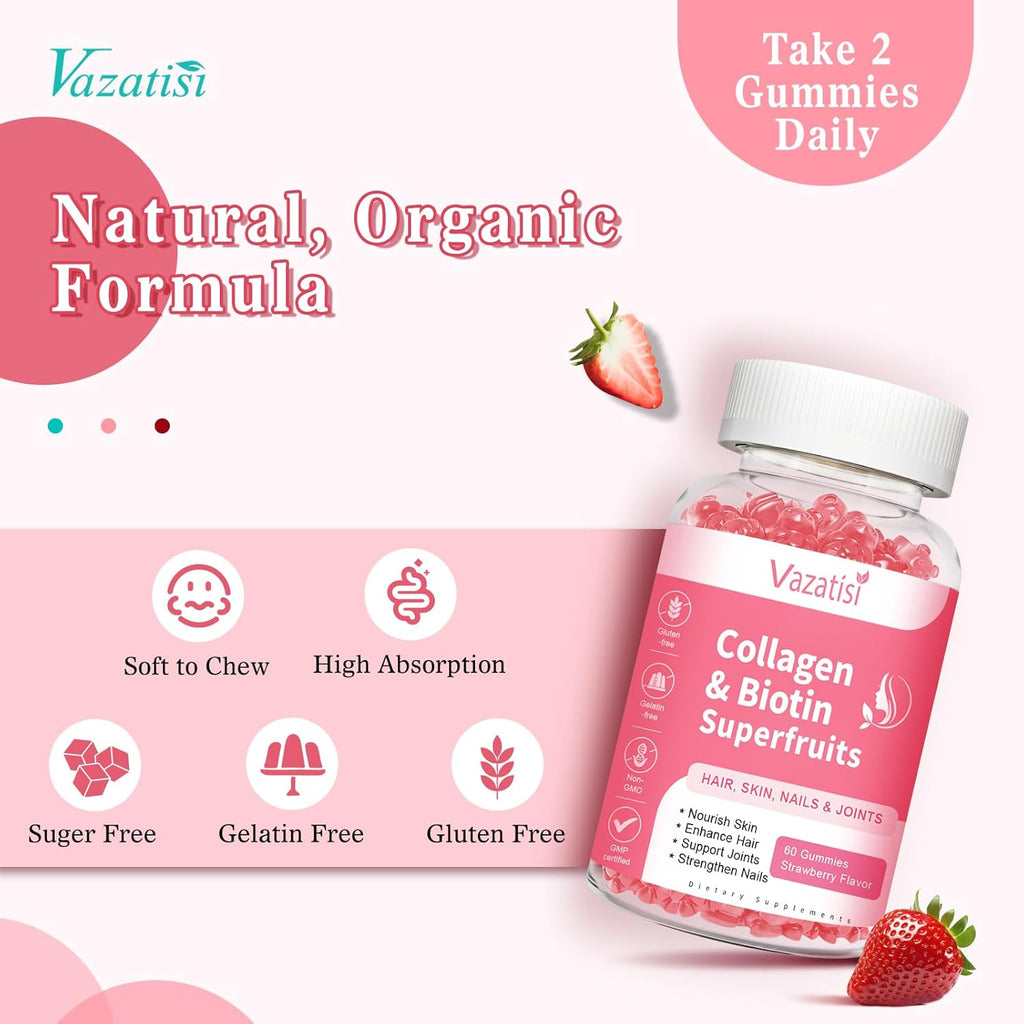 Sugar Free Collagen Gummies for Women Men, Multi Collagen Peptides Gummies Type I II III V X with Biotin Vitamin A B C D E for Hair Skin Nails, Strawberry Flavor, 60 Count