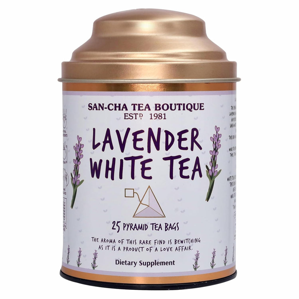 Sancha Tea Boutique Lavender White Tea | Hand Rolled Himalayan White Tea with Silver Needles | 25 Pyramid Bags | Relaxing & Calming Floral Blend