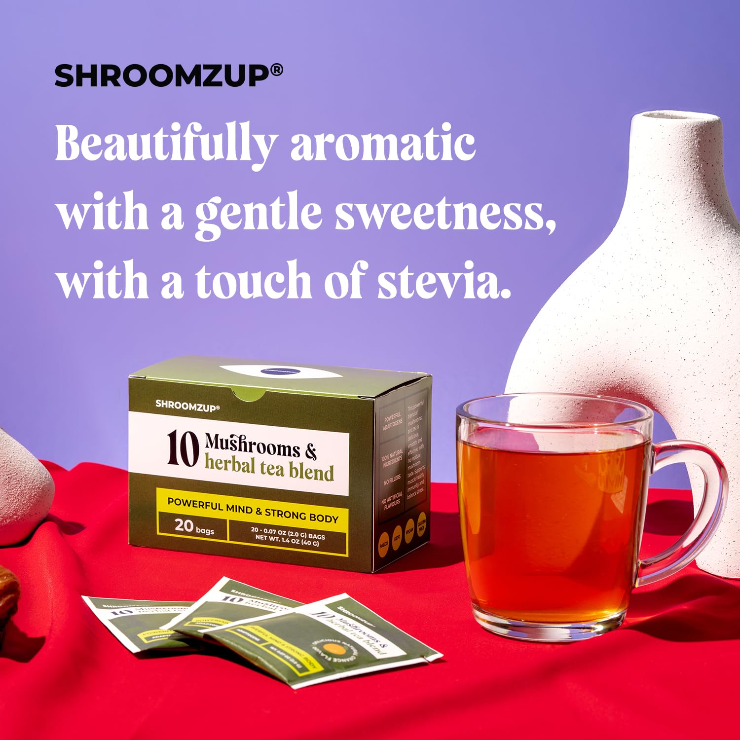 20 in 1 Mushroom Tea with Lion’s Mane, Ashwagandha, Cordyceps, Reishi, Chaga, Ginkgo Biloba, Green Tea for Better Energy and Focus - Caffeine Free Adaptogenic Tea for Wellness - 20 Tea Bags