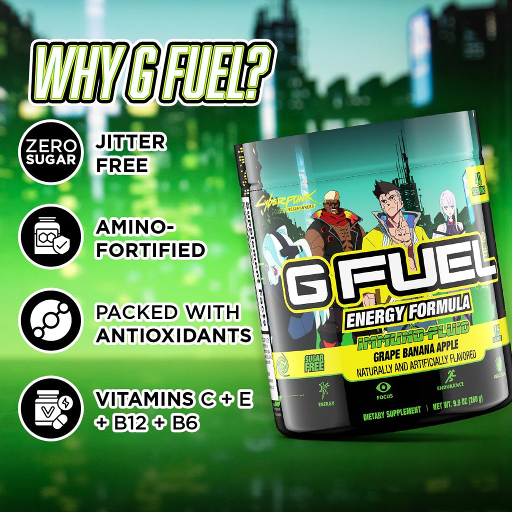 G fuel Cyberpunk Edgerunners Energy Powder, Pre Workout Caffeine Mix for Gaming, Sugar Free Focus Amino, Vitamin + Antioxidants, 9.9oz (Grape Banana Apple, 40 Servings)