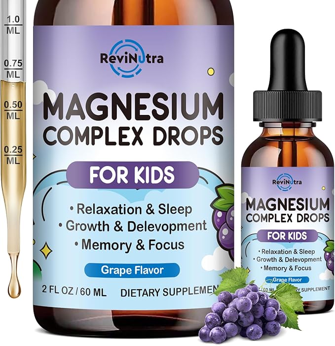 Magnesium Glycinate Liquid for Kids, Kids Magnesium Liquid Drops Supplement with L-Theanine, Calcium, Zinc, Vitamin D3 K2 for Sleep Calm Relaxation Brain Bones Focus, Grape Flavor 2 Fl Oz