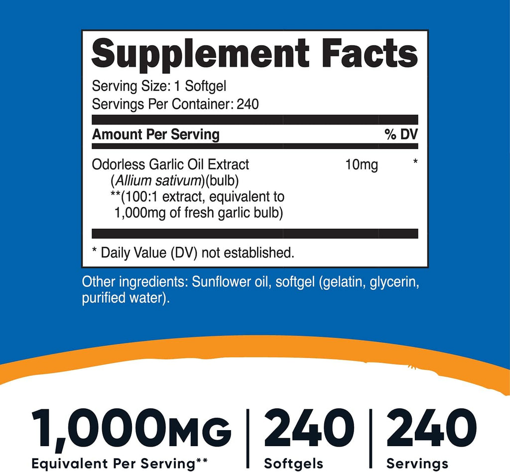 Nutricost Garlic 1000mg, 240 Softgels (3 Bottles) - Odorless, Premium Gluten Free Supplement