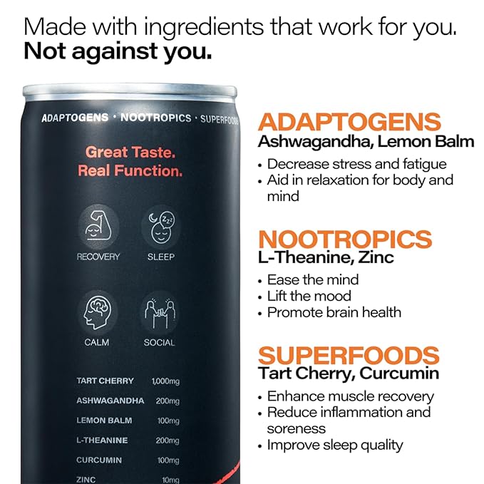 Peak Cocktails Non-Alcoholic Cocktail | Adaptogens, Nootropics, Superfoods for Recovery, Calm, Sleep | Ashwagandha, Tart Cherry, L-Theanine | Mixologist-crafted | Blood Orange Spritz | 8.4 oz, 24-Pack