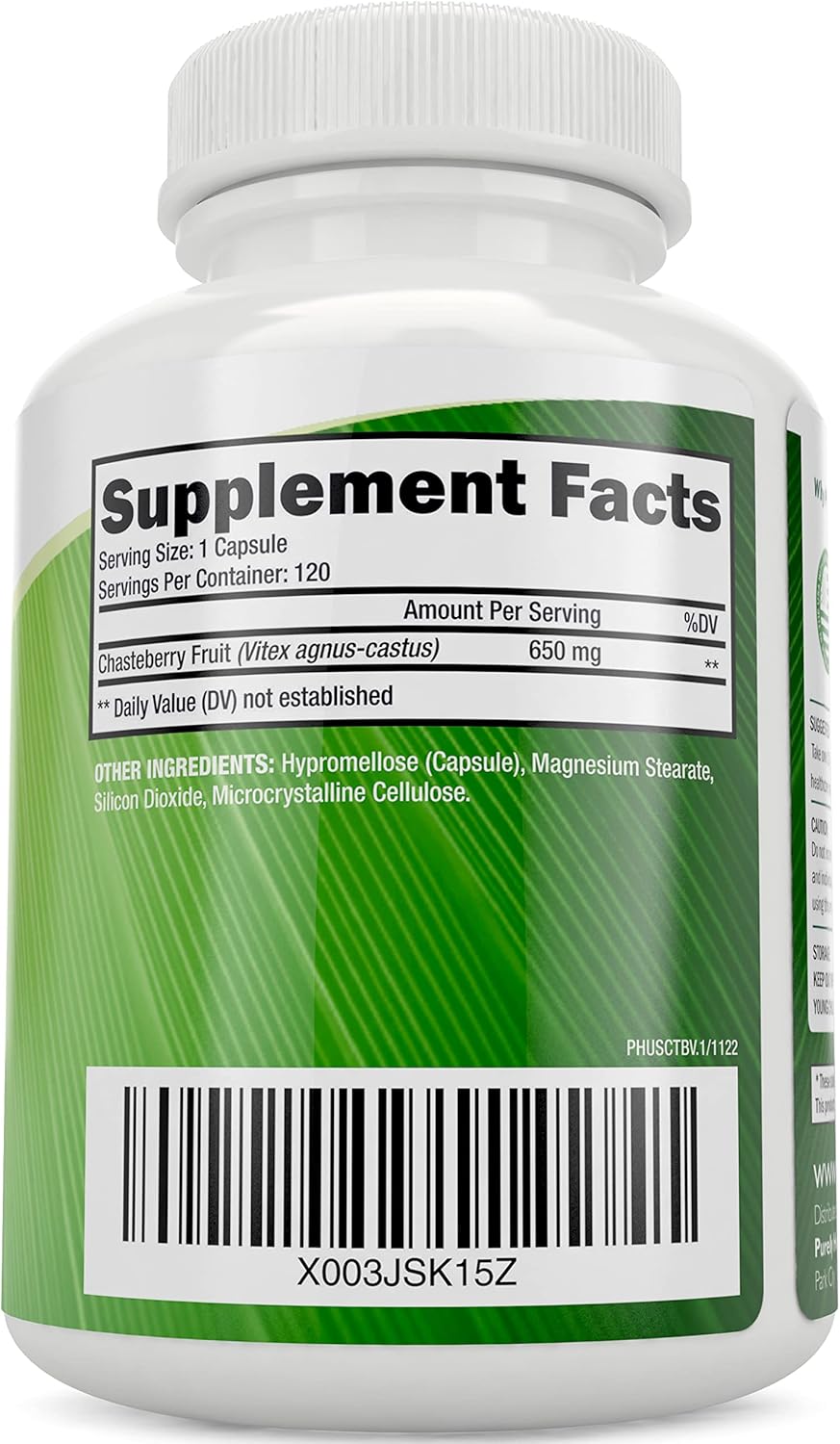 Purely Holistic Chasteberry Vitex Supplement 650mg - 4 Month Supply 120 Vegan Capsules Agnus-Castus Chaste Tree Berry Capsules Supports Normal Hormone Balance for Women