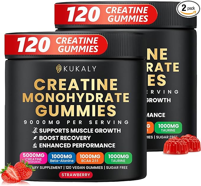 Creatine Monohydrate Gummies for Men & Women, 9000MG Creatine Gummies Sugar Free with L-Taurine, BCAA 2:1, B12 B6 for Boost Strength, Focus & Endurance, Vegan, Non-GMO, Strawberry 120*2 Bottle