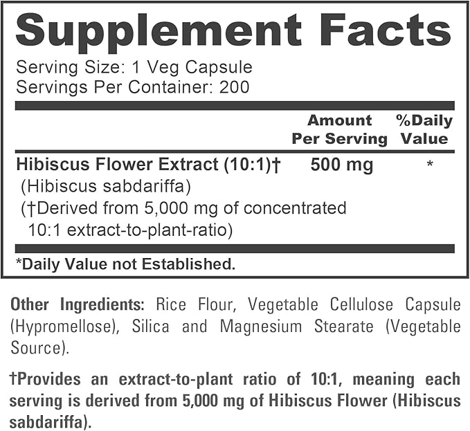 NusaPure Hibiscus Flower 10:1 Extract, 500 mg Equivalent to 5000mg 200 Vegetarian Caps (Non-GMO, Vegan)
