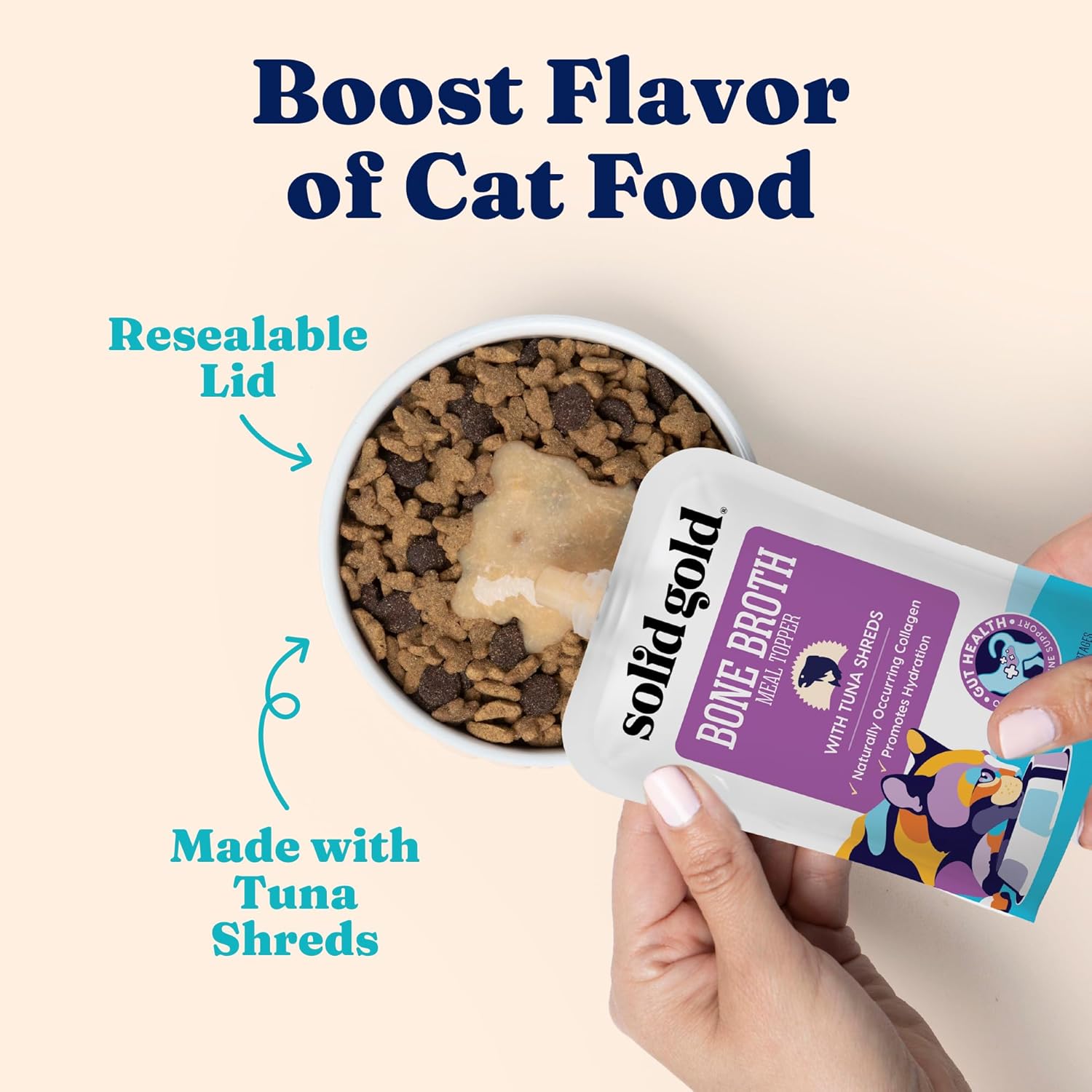 Solid Gold Bone Broth Cat Food Topper - Limited Ingredient Lickable Cat Broth Pouches w/Tuna Protein Shreds & Collagen for Hydration & Gut Support - Easy to Serve Gravy for Cats Meal Topper - 12ct
