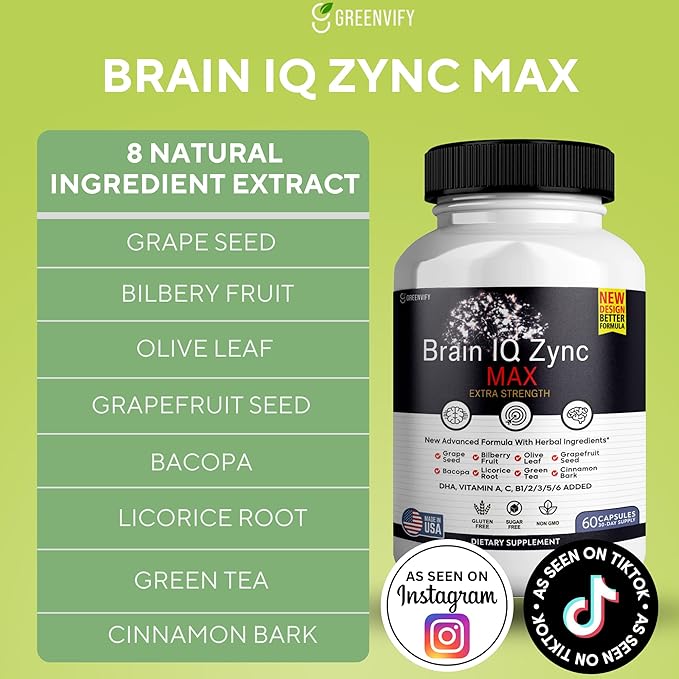 Brain IQ Zinc Max - Natural Brain Support Supplement for Memory, Focus & Clarity - Clear Brain Fog & Boost Cognitive Function - 60 Capsules