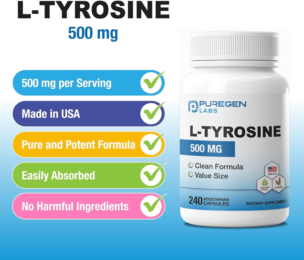 Puregen Labs L-Tyrosine 500 mg, Total - 480 Vegetable Capsules | No Harmful Additives | Brain & Nervous System Support, Non-GMO, Vegan, Gluten Free, Dairy Free - 480 Servings - Made in USA