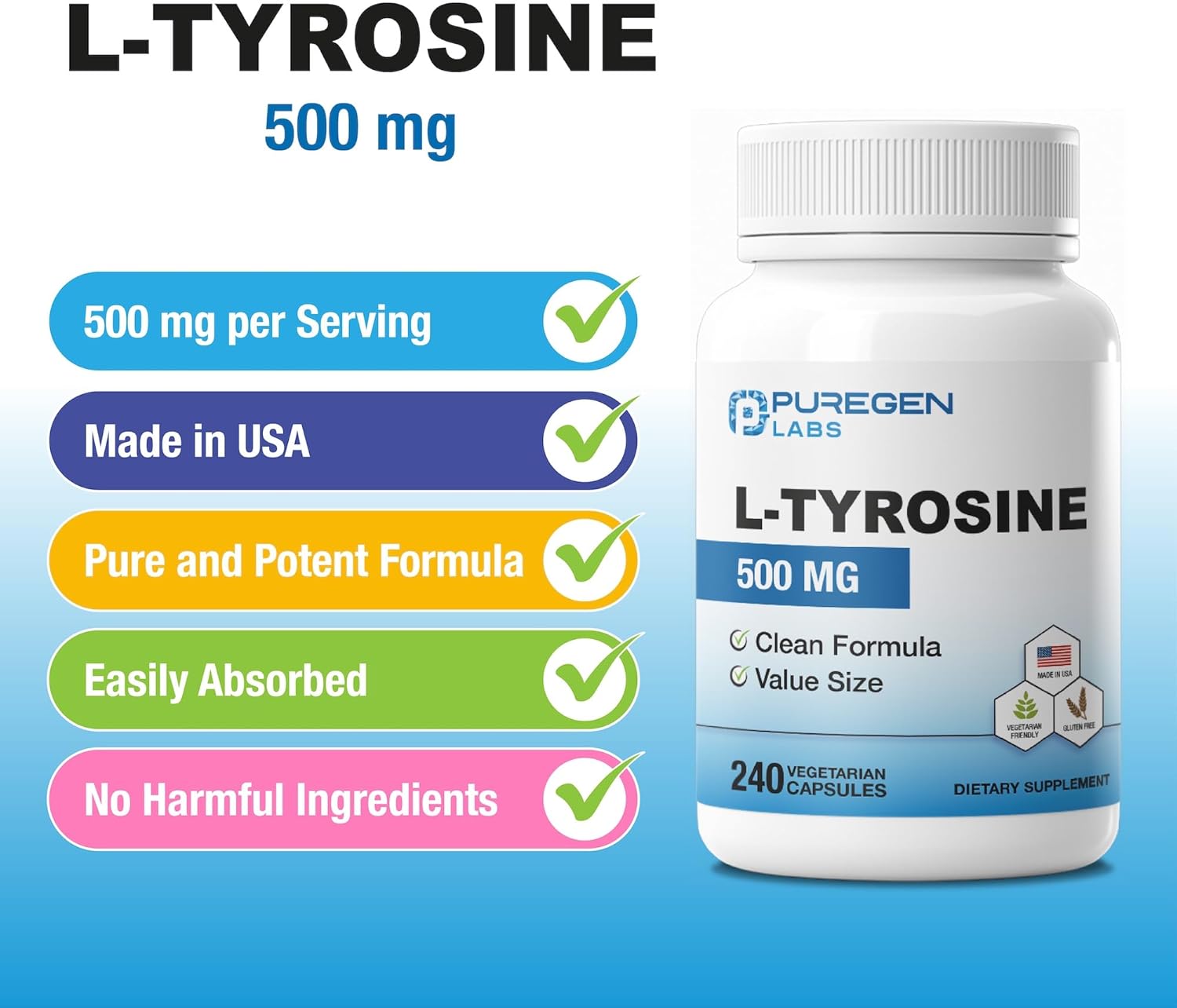 Puregen Labs L-Tyrosine 500 mg, Total - 480 Vegetable Capsules | No Harmful Additives | Brain & Nervous System Support, Non-GMO, Vegan, Gluten Free, Dairy Free - 480 Servings - Made in USA