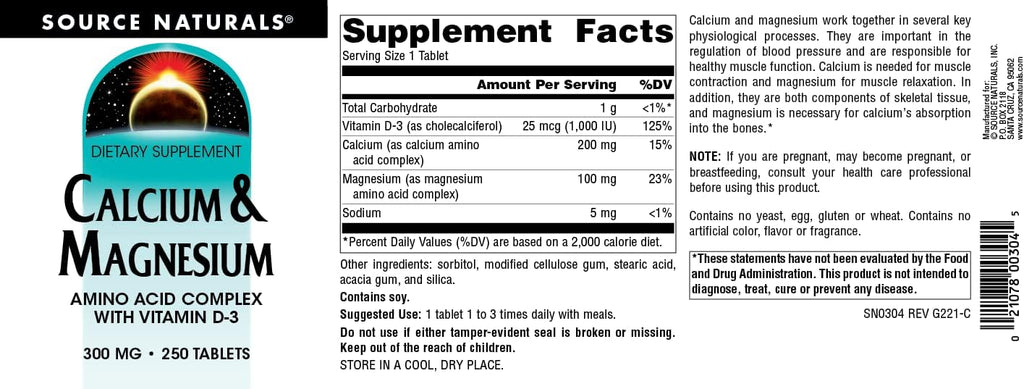 Source Naturals Calcium & Magnesium, Amino Acid Complex with Vitamin D-3, 300 MG - 250 Tablets