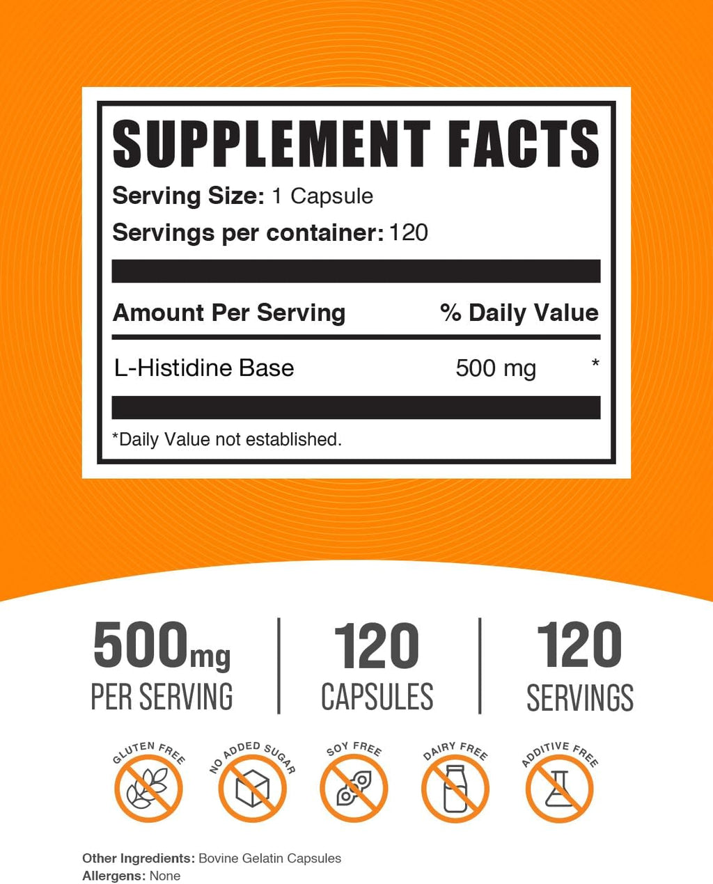 BulkSupplements.com L-Histidine Capsules - as L-Histidine Base, Histidine Supplement - Essential Amino Acid & Gluten Free, 1 Capsule per Serving, 120 Capsules (Pack of 1)