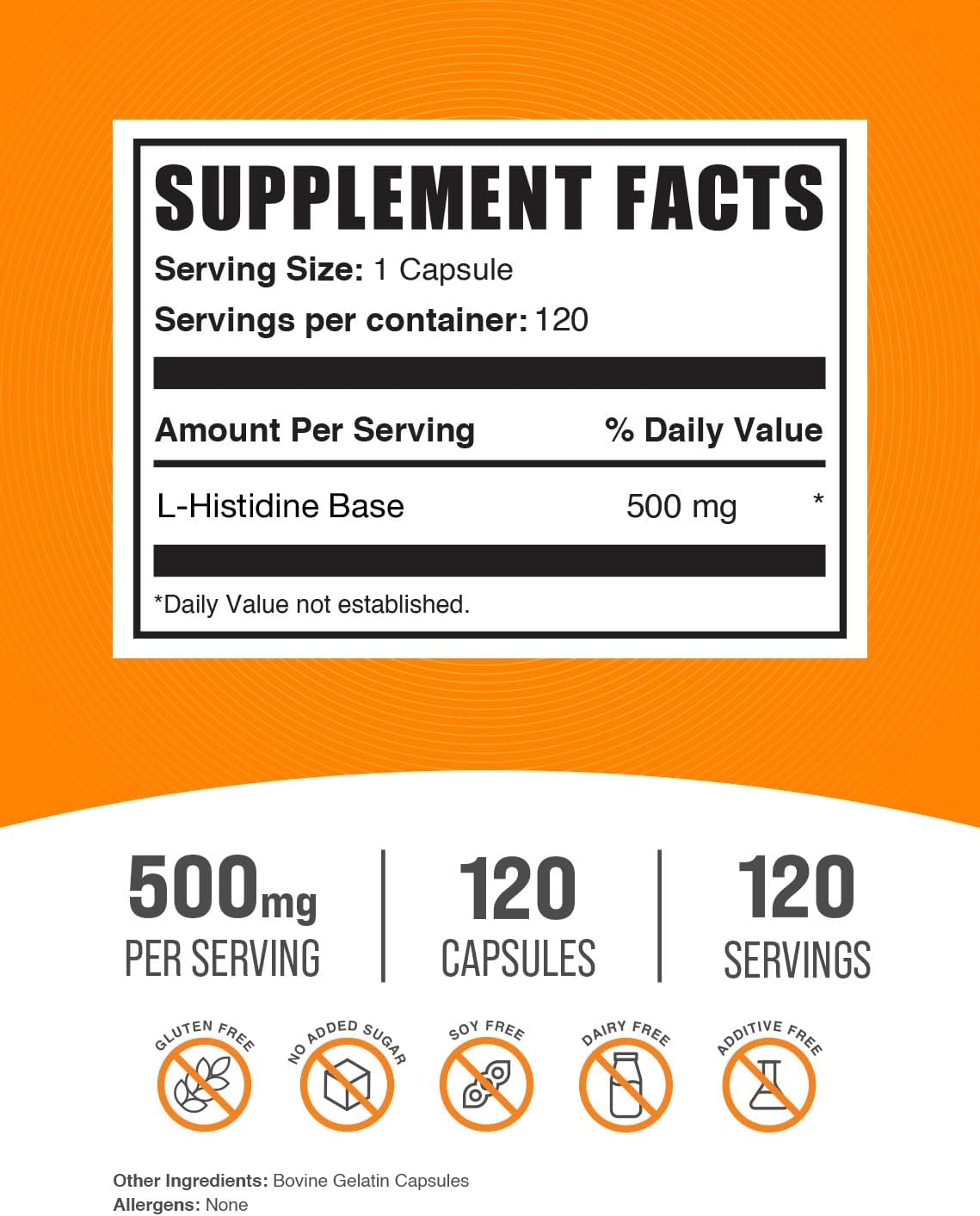 BulkSupplements.com L-Histidine Capsules - as L-Histidine Base, Histidine Supplement - Essential Amino Acid & Gluten Free, 1 Capsule per Serving, 120 Capsules (Pack of 1)