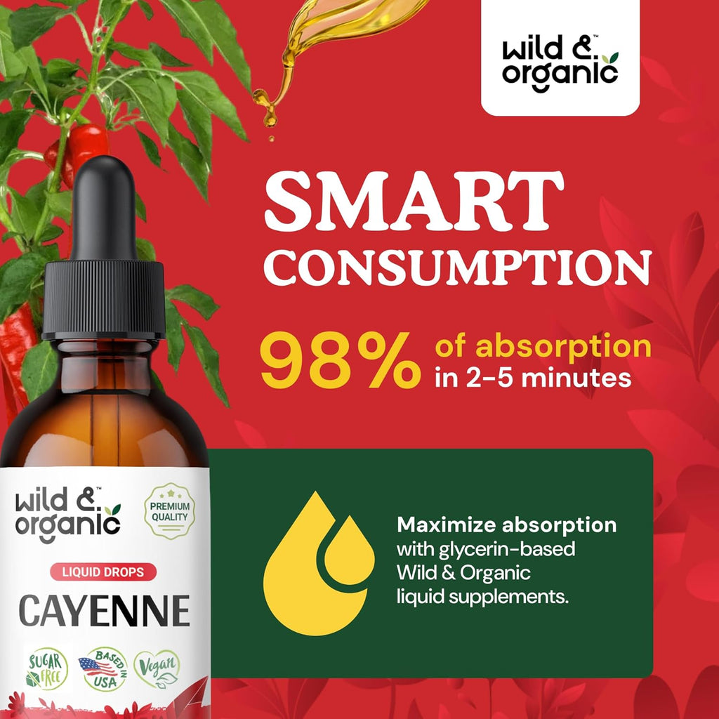 Wild & Organic Cayenne Pepper Tincture - Capsaicin Supplements for Digestive Support - Cayenne Pepper Extract Liquid - Vegan, Alcohol-Free Drops - 2 fl oz