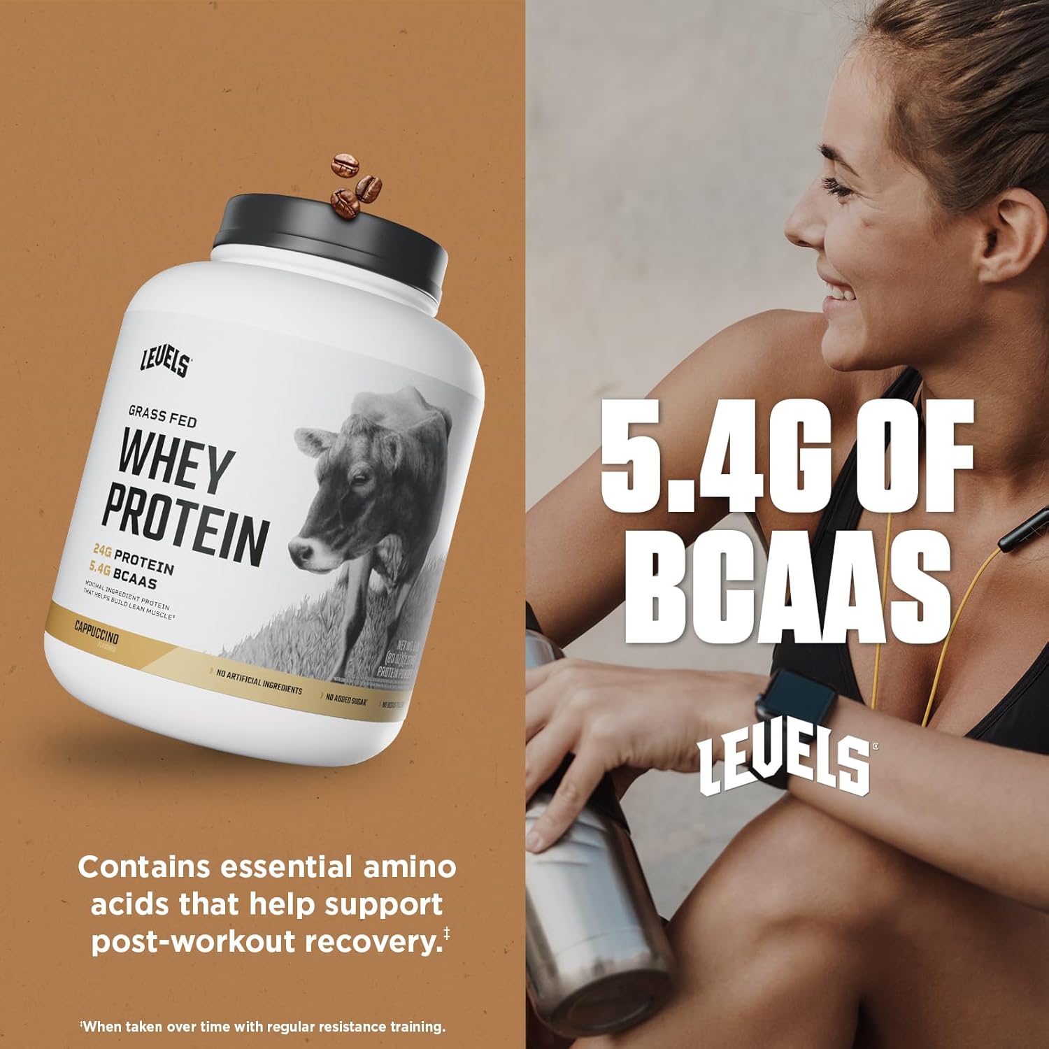 Levels Grass Fed Whey Protein Powder, No Artificials, 24G of Protein, Cappuccino, 5LB