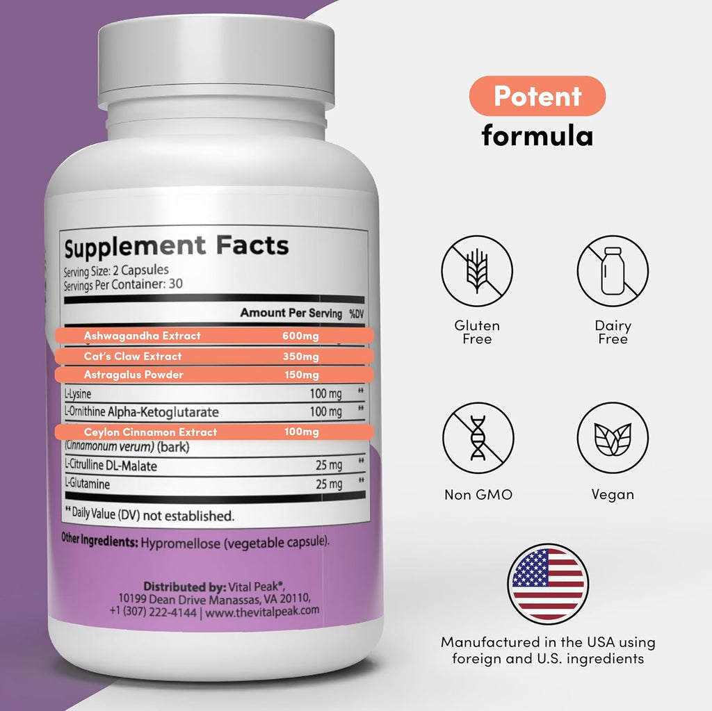 Longevity Peak - Healthy Aging & Cellular Energy Support Supplements for Women & Men - with Ashwagandha, Astragalus, Cat's Claw, Ceylon Cinnamon, L-Lysine, L-Glutamine & More - 60 Capsules